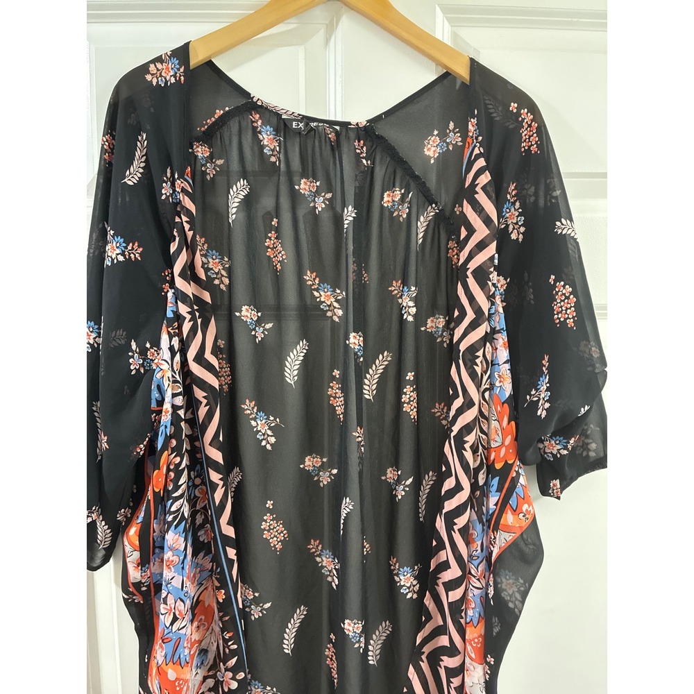 Express Sheer Floral Kimono Wrap Black Orange Blue Geometric Chiffon One Size